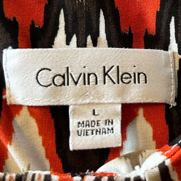 Calvin Klein Sleeveless Blouse Abstract Geometric Orange Tan Black White Ikat - Picture 4 of 13